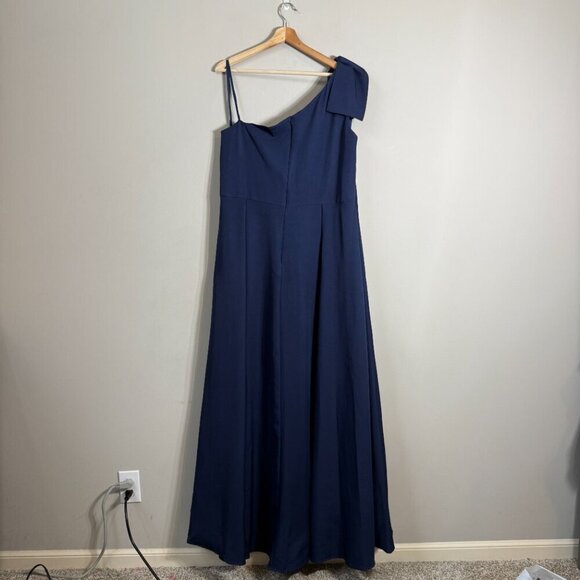 Ieena for Mac Duggal Bow One Shoulder A-Line Gown Womens 16 Navy Formal Slit NWT - Picture 5 of 16